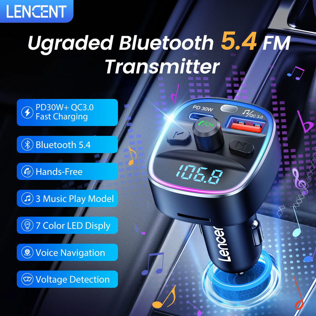 LENCENT Bluetooth 5.4 FM Transmitter with PD 30W &QC 18W Fast Charging Hands-Free Calling Wireless Radio Music Car Adapter