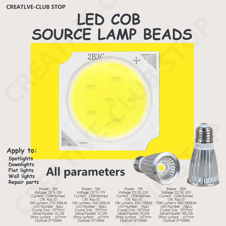 10pcs A Lot 3W/5W/7W/10W 6500K/4000K/3000K LED COB Light Beads 1313 LED Lamp Bead LED Bulb Chip Spot Light Downlight Diode Lamp