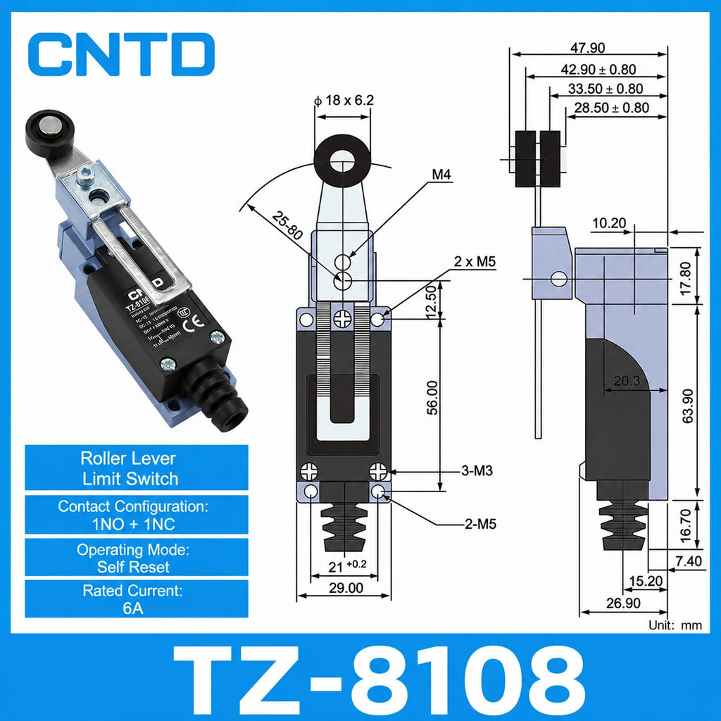 2Pcs CNTD TZ‑8 Series Micro Limit Travel Switch IP65 Waterproof 1NO+1NC 10A 250VAC Industrial Mechanical Position Switch