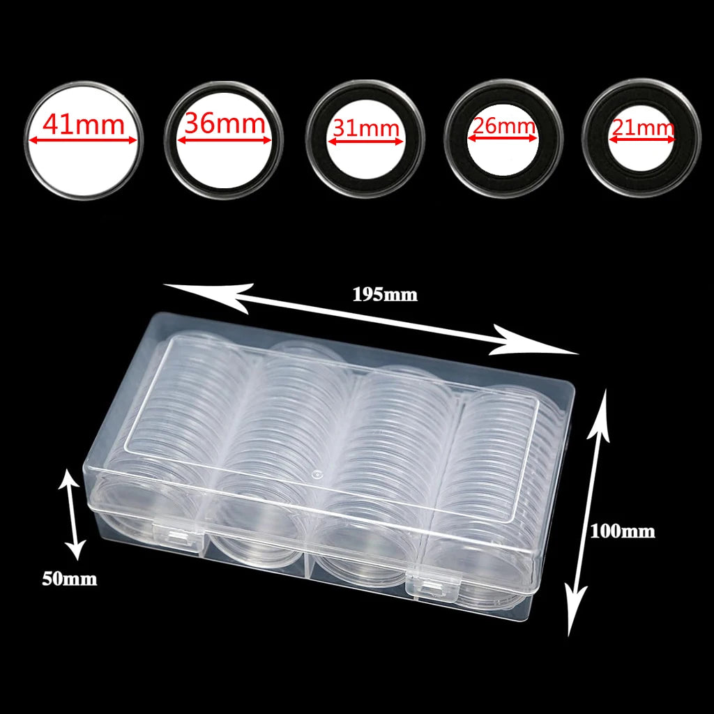 60Pcs 41mm Coin Capsules with Black Gaskets and a Storage Organizer Box for 5 Sizes (21/26/31/36/41mm) Coins Collection Holder