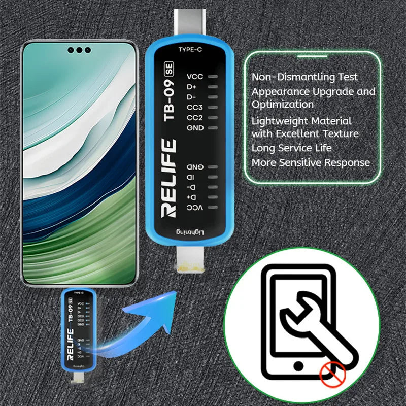 RELIFE TB-09 SE Charging Port Tester for Mobile Phone IP Android Repair Dual Plug Lightning Type C Interface Fast Fault Detector