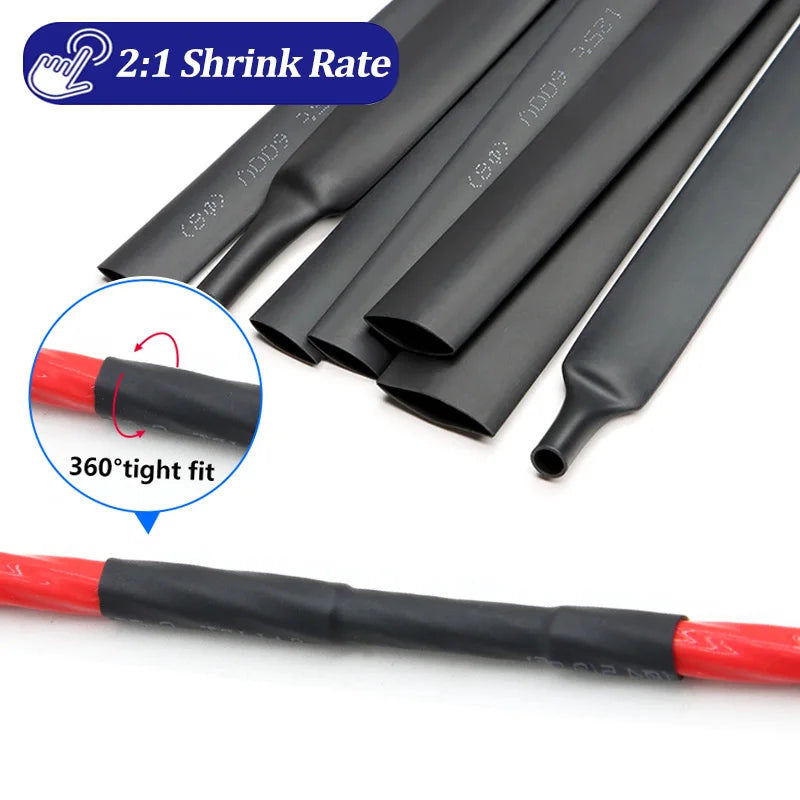 2:1 Shrink Rate Black Diameter 0.6mm ~ 210mm Heat Shrink Tube DIY Wires Cable Repair Wrap Sleeving Waterproof Polyolefin Tubing