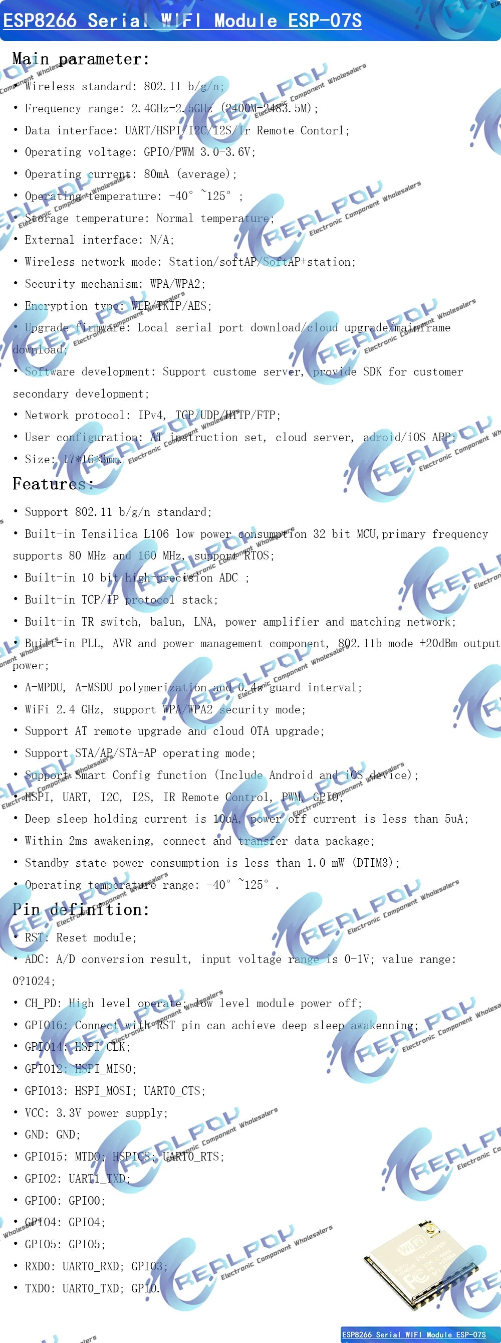 ESP-07S (ESP-07 Updated version) ESP8266 Serial To WIFI Module ESP 07S ESP07S Industrial Grade Wireless Module New IOT