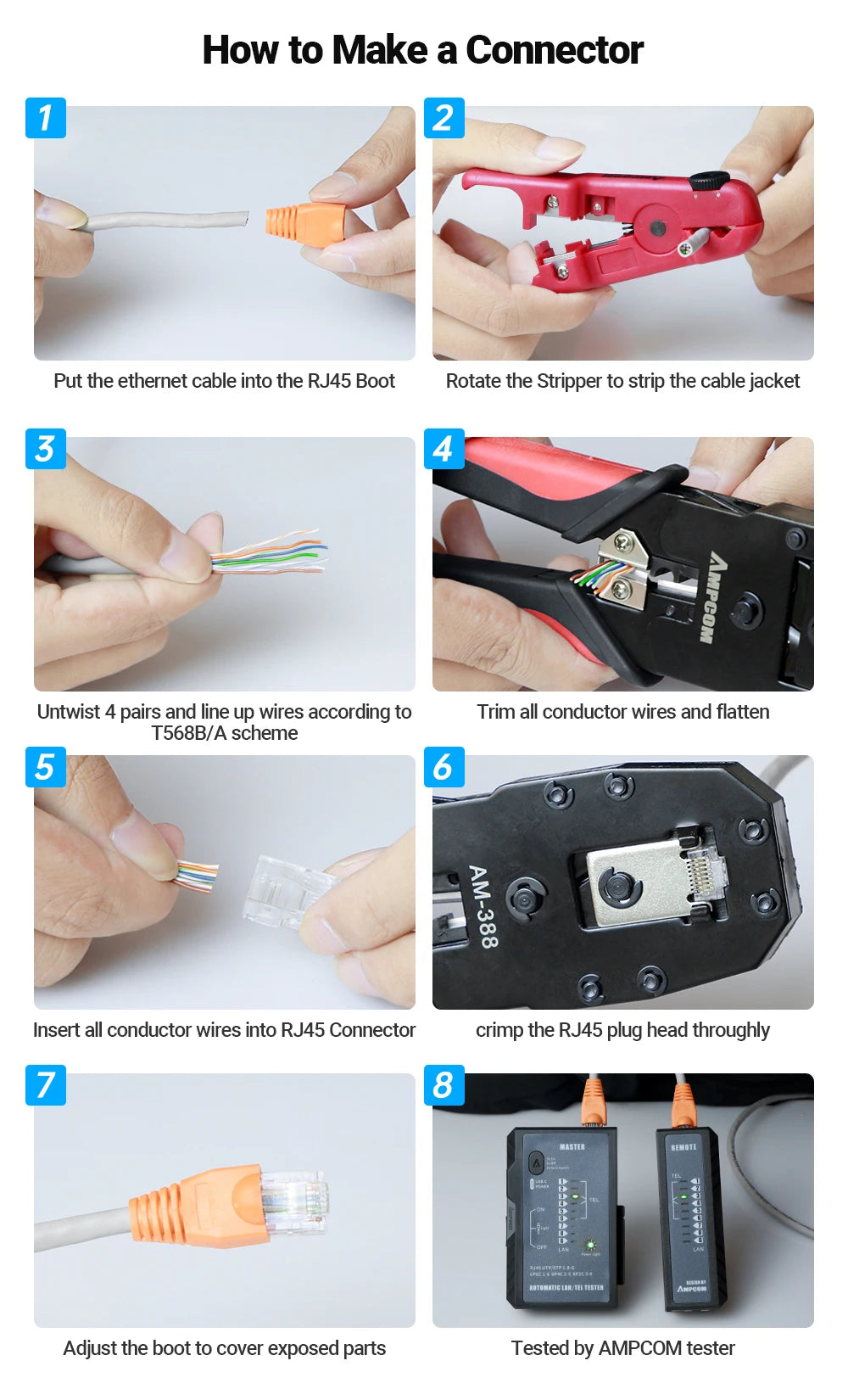 AMPCOM RJ45 Crimper Lan Tester Tool Set Ethernet Cable Stripper Punch Down Tool RJ 45 RJ11 Connectors 12 in 1 Cabling Repair Set