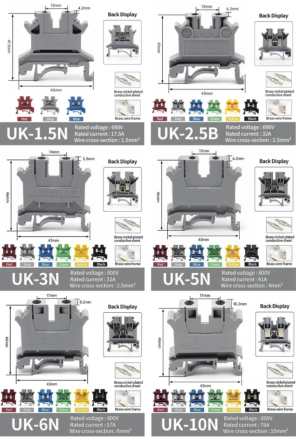 10PCS UK2.5B 2.5mm² DIN Rail Terminal Blocks Screw Connection Feed Through Wire Connector Gray Red Blue Green Black Yellow Set