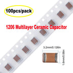 100pcs 1206 SMD Chip Multilayer Ceramic Capacitor 1pF - 100uF 10pF 100pF 1nF 10nF 15nF 100nF 0.1uF 1uF 2.2uF 4.7uF 10uF 47uF
