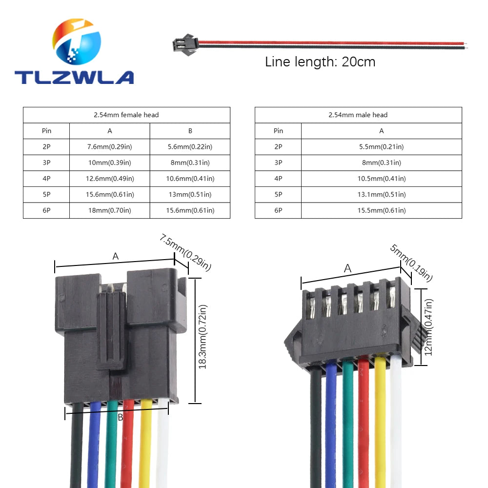 10PCS JST SM 2/3/4/5/6Pins 2.54MM Plug Male to Female Wire Connector cable pigtail Plug LED Connecting line 20cm Long