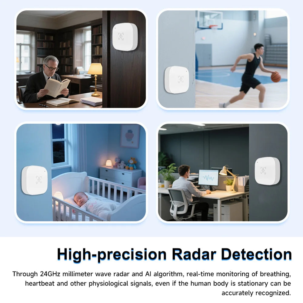 Smart Life Zigbee 24G MmWave Radar Motion Sensor Human Presence Detector Battery Powered Breathing Monitor for Home Automation