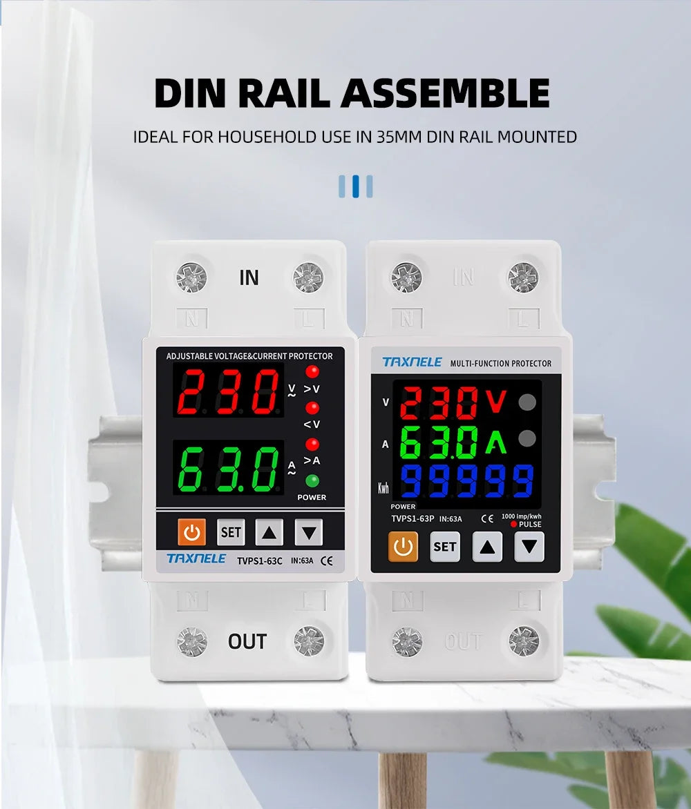 63A 230V Din Rail Adjustable Over Under Voltage Protective Device Protector Relay Over Current Protection Energy KWH Meter