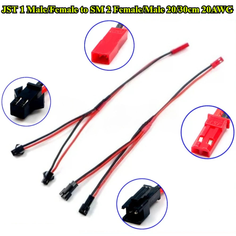2Pin LED Y Splitter Connector JST 1 Male/Female to SM 2 Female/Male Wire Cable 20AWG for WS2812 WS2811 SK6812 RGB RGBW Led Strip