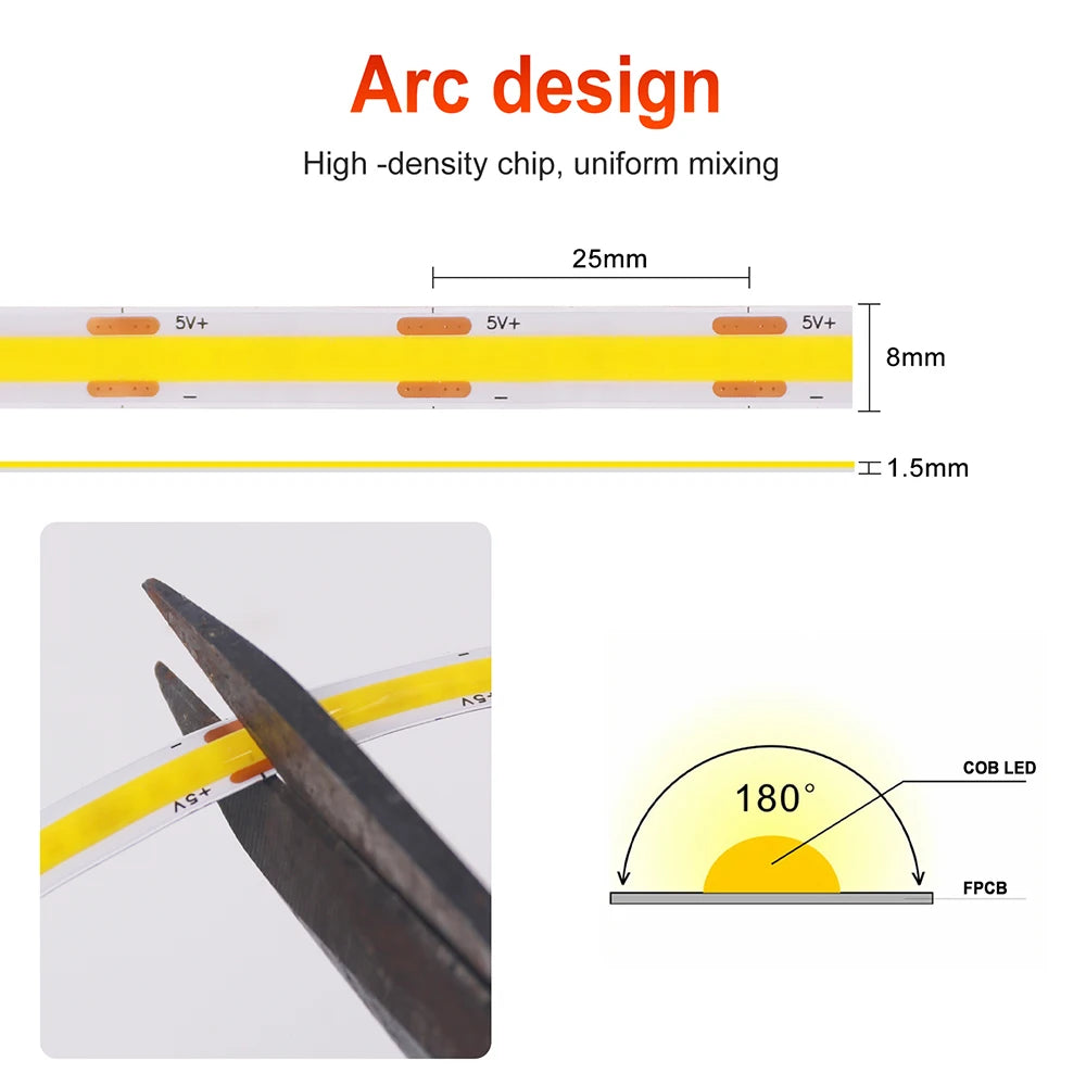 12V 5V USB COB LED Strip Light With 2Pin Wire 320 384 480 528 LEDs Flexible Tape Linear Lighting Warm White Pink Blue Red Yellow