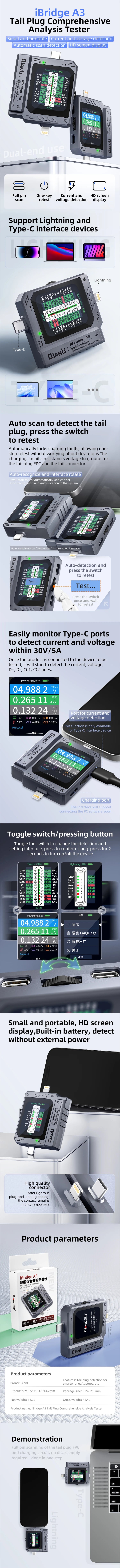 QIANLI IBridge A3 Mobile Phone Tail Plug Detector for Lightning Type-C Interface Devices iPhone Samsung Cell Phone Maintenance