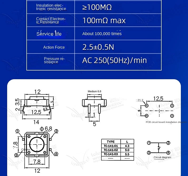 20PCS 12x12mm X4.3/5.5/6/7/8/9/10mm Micro Push Tact Switch 4pin Touch Button Mini Tactile Pushbutton Toggle Pcb Momentary Switch