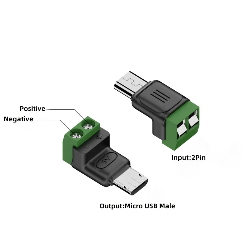 Type C/Micro Female To 2 Pin Terminal Block Solderless Charging Connector 5V USB C Screw Terminal Solderless Plug OTG Adapter