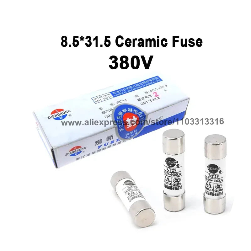 10PCS Ceramic Fuse Tube 8.5*31.5MM Ceramic Fuse 380V 0.5A 1A 2A 3A 4A 5A 6A 8A 10A 16A 20A 32A Ceramic Fuse RO14