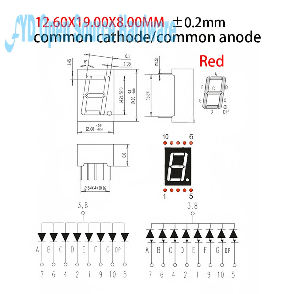 10-100PCS 0.56inches 7 Segment 1 Digital LED Display Super Red Common Cathode ANODE DIP10