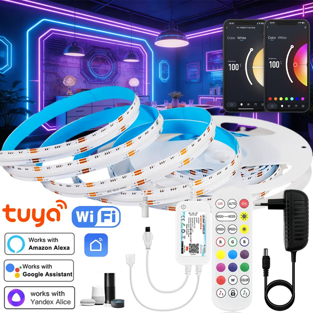 Tuya Wifi Smart FCOB RGBCCT LED Light Strip 6Pin 12mm DC24V RGB CW WW FOB Flexible COB Linear Lights Dimmable Room Kitchen Decor