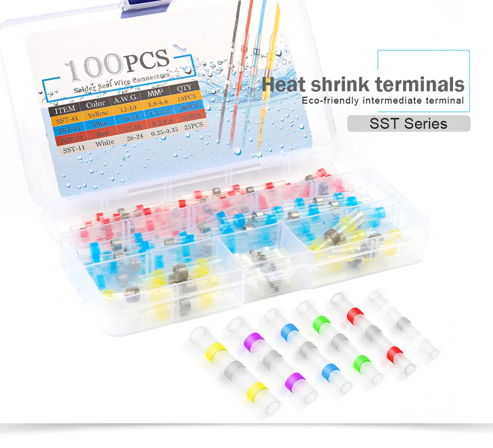 50/100/120/150/250/400Pcs Boxed Heat Shrink Tin Butt Connectors Waterproof Solder Seal Sleeve Splice Terminals 26-10AWG 0.25-6mm