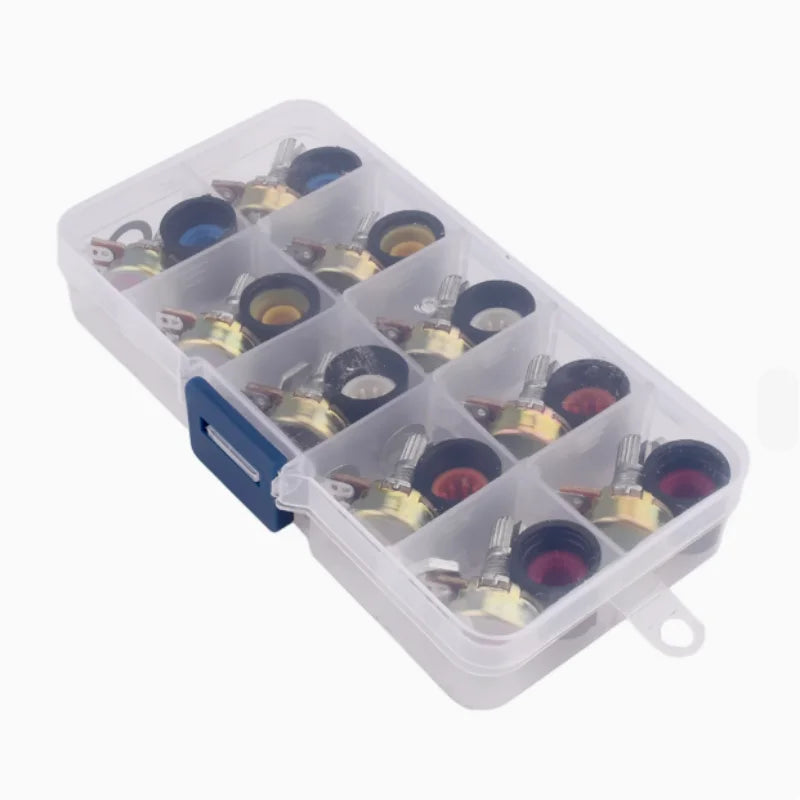 10 Sets 15MM WH148 Knurled Shaft 3 Terminals Linear Taper Rotary Potentiometer Assortment Kit B1K 2K 5K 10K 20K 50K 100K 250K 50