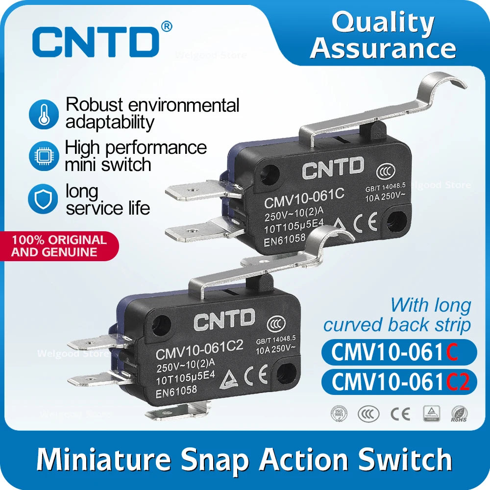 5pcs CNTD CMV10-061C/061C2 Mini Snap Action Micro Switch 10A 250V AC SPDT 1NO1NC Long Curved Lever Limit Switch 300K 3D Printer