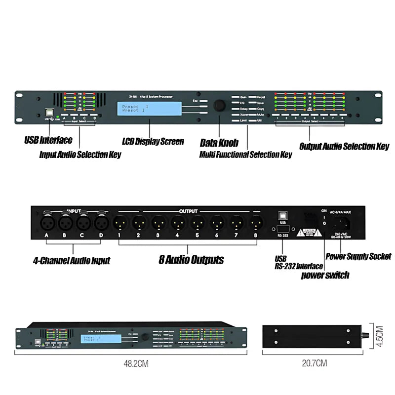 PaulKitson Professional Digital Signal Processor 4In 8Out 4.8SP DSP Speaker Management Professional Audio Stage Equipment System