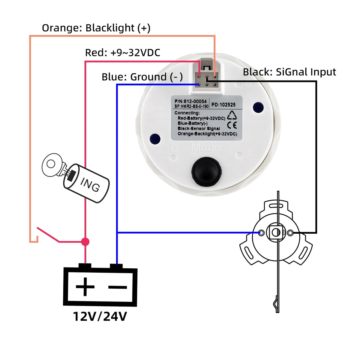 52mm 0-190ohm Waterproof Boat Marine Rudder Angle Indicator With Rudder Angle Sensor 7 color Backlight for Car Truck 12V/24V