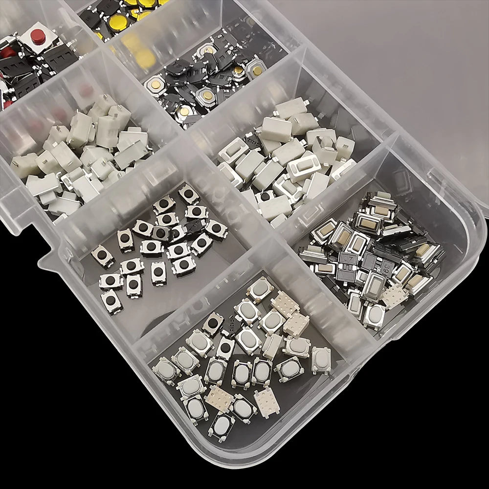 250Pcs Micro Tactile Tact Push Button Switch Assorted Kit 2P 4 Pin SMD PCB Momentary Self-reset Car Remote Control Switch Repair