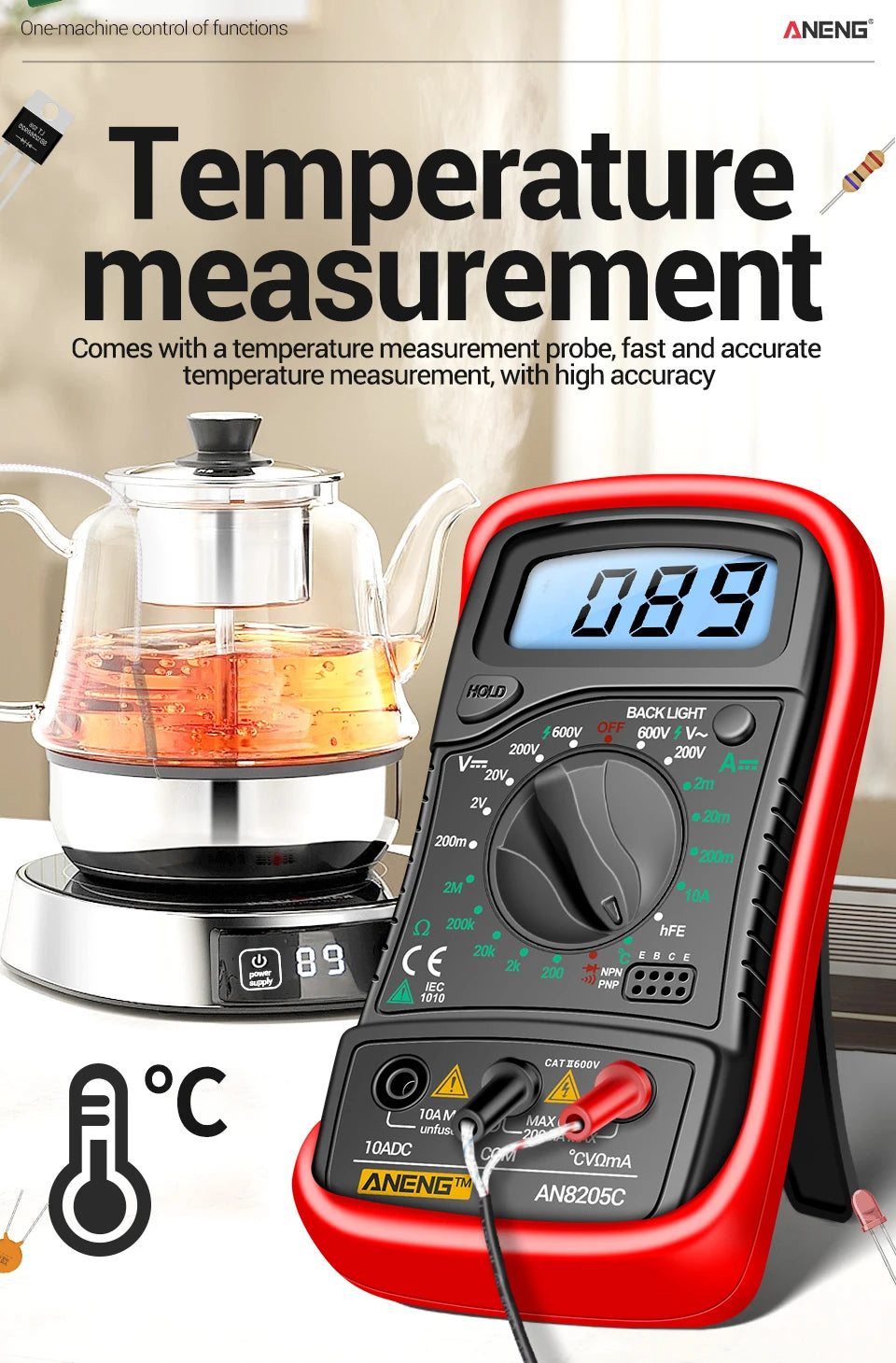 Digital Multimeter 1999 Counts 600V AC/DC Voltage Temp Test for Car Repair ANENG AN8205C Blue Backlight hFE Triode DIY Test Tool