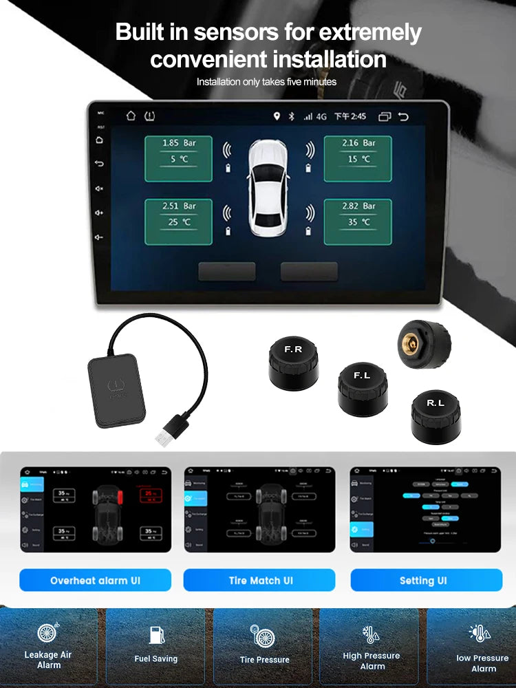 KEBIDUMEI Car Tire Pressure Monitor System USB Android TPMS For Navigation Player Temperature Warning Sensors Car Accessories
