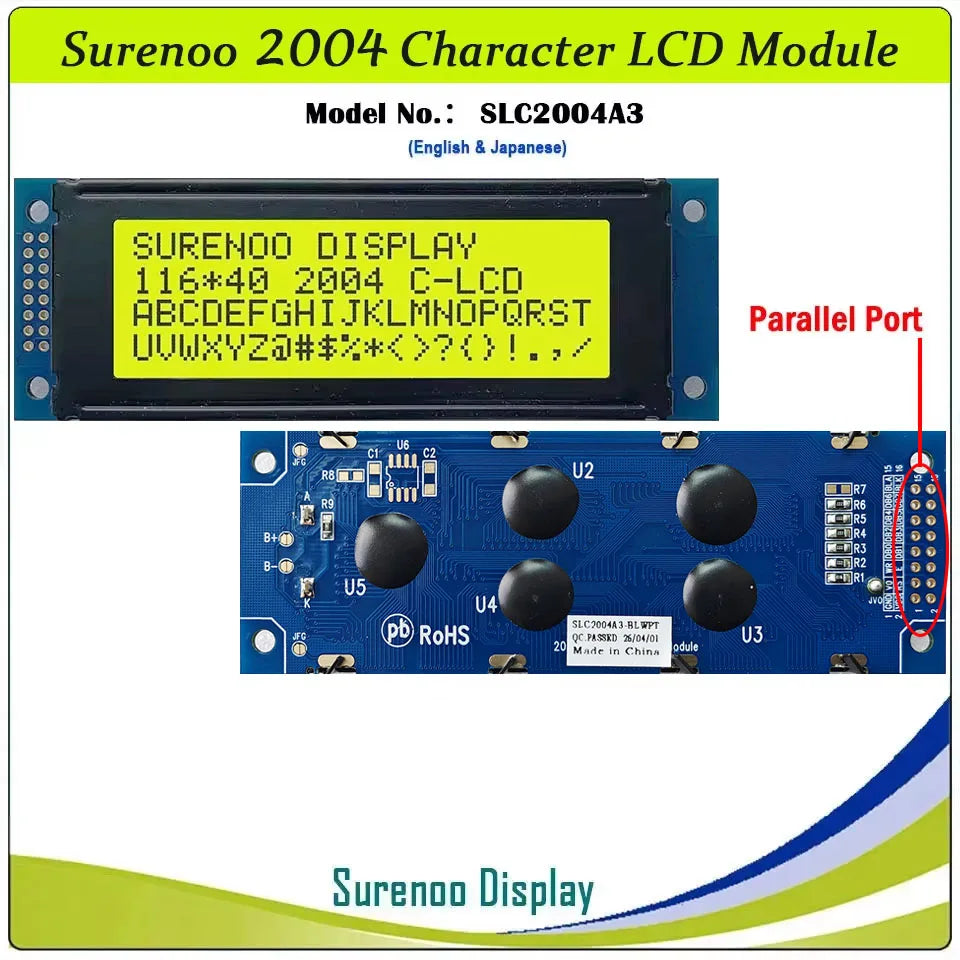 Surenoo 116*40MM 2*8Pin 204 20X4 2004 6800 IIC I2C Character LCD Module Display Screen LCM White LED Backlight English Japanese