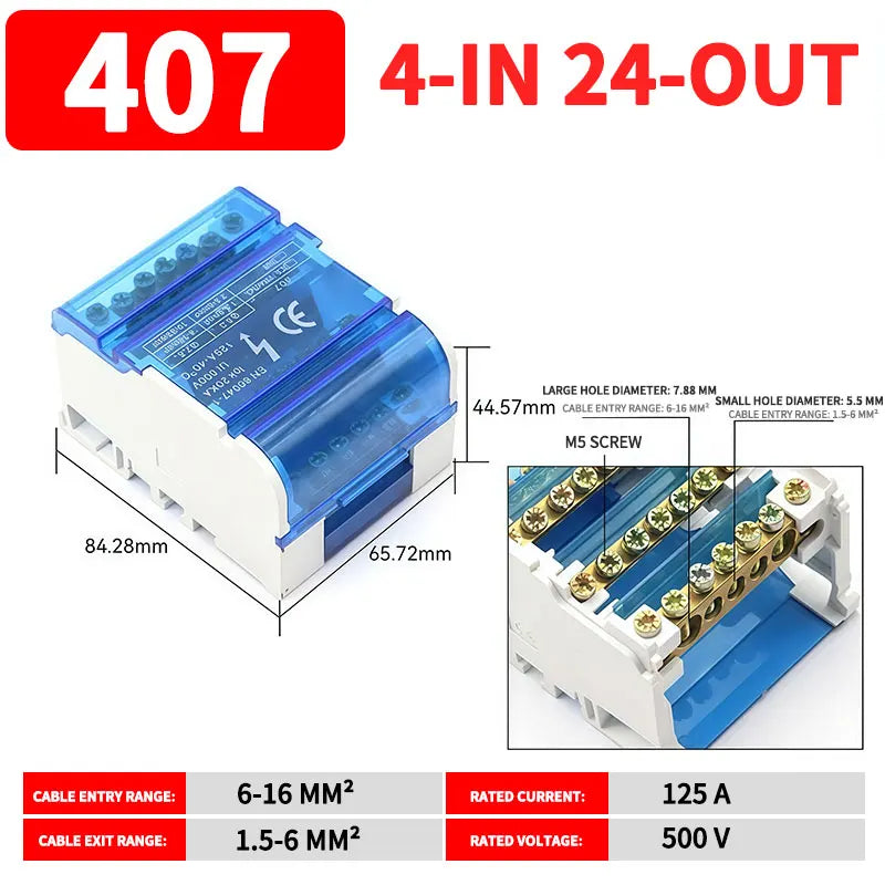 UK207/211/215/407/411/415 DIN Rail Terminal Block, 125A Distribution Box 1/2 In Several Out, Electrical Junction Box