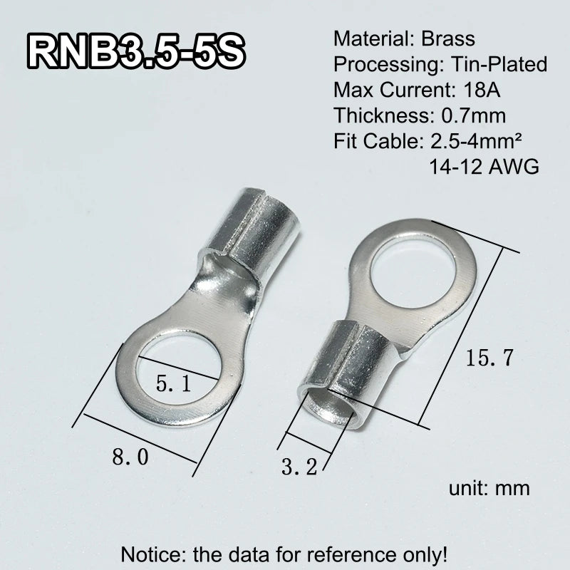 100pcs RNB Brass Ring Bare Terminal Block Connector Cable Lugs Wire Crimping Tips Electrical Connection Strips 12V 2.5mm 4mm 6mm