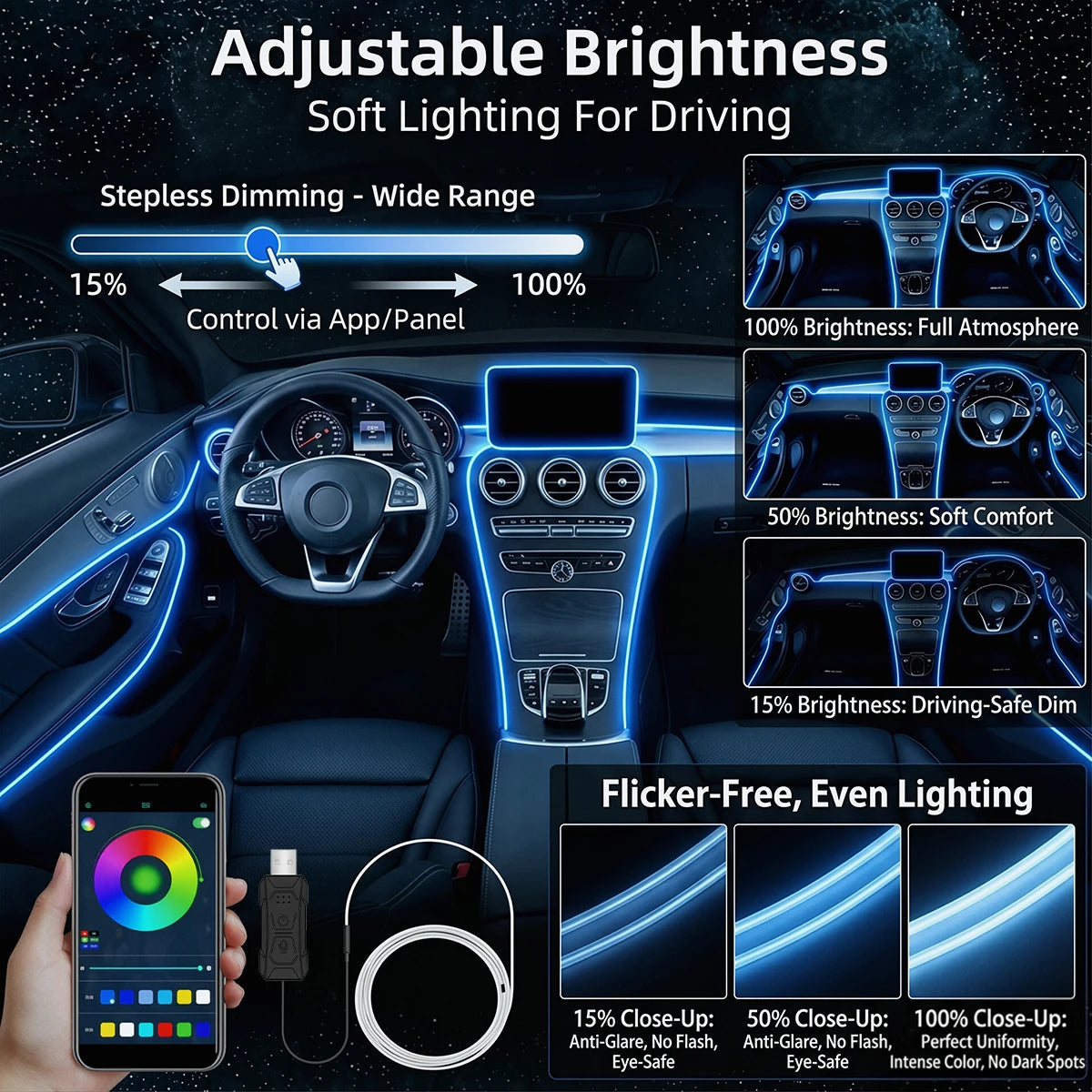 Car Interior Ambient LED Strip Lights RGB Fiber Optic Atmosphere Ultra-thin Heat-resistan Neon Lighting APP Control Decor Lamps
