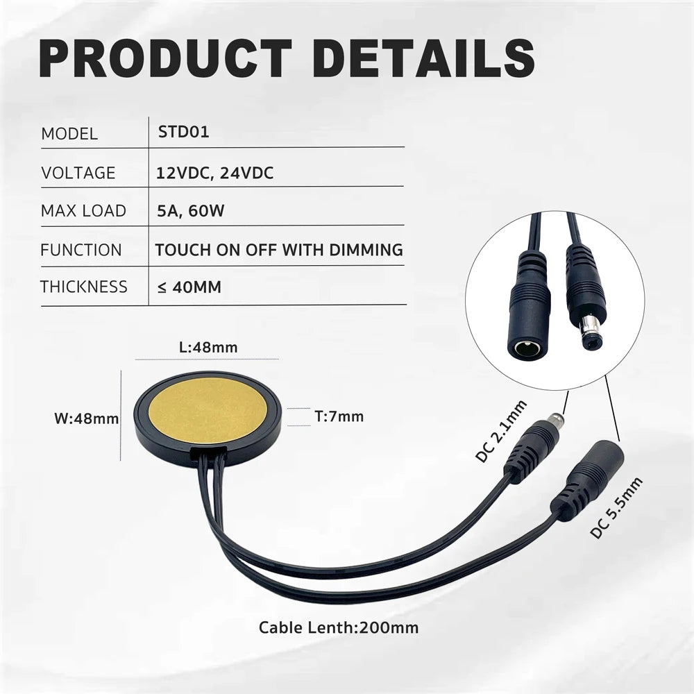 12V/24V 60W Touch Switch, Suitable for Concealed Installation in Furniture with a Thickness of 0-40mm, LED Touch Dimming Sensor.