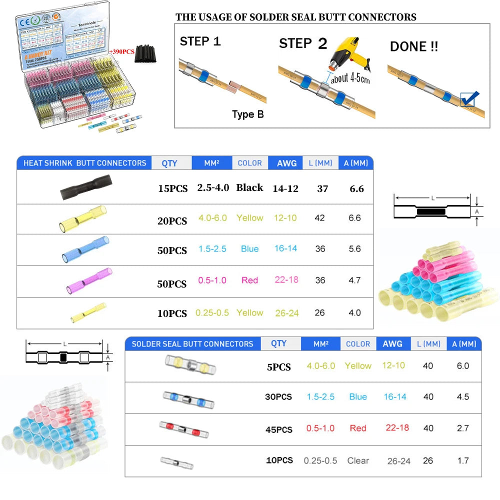 640/250PCS Waterproof Heat Shrink Butt Crimp Terminals Solder Seal Electrical Wire Cable Splice Terminal Kit with Hot Air Gun