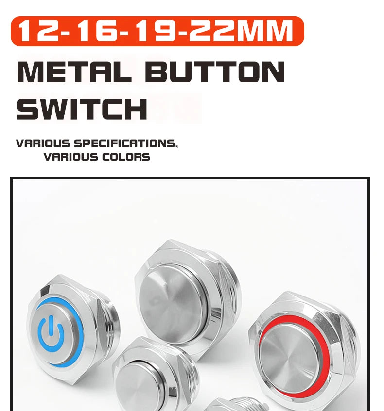 12/16/19/22mm Metal Push Button Switch Short Stroke Silver Shell Waterproof High Head With Power LED Light Momentary 1NO 6V 24V