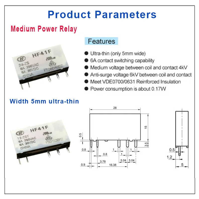 5/10 Sets Slim Relay HF41F 5V 12V 24VDC With Relay Base 41F-1Z-C2-1 LED & Circuit Protection DIN Rail Ulitra-thin Relay Modules