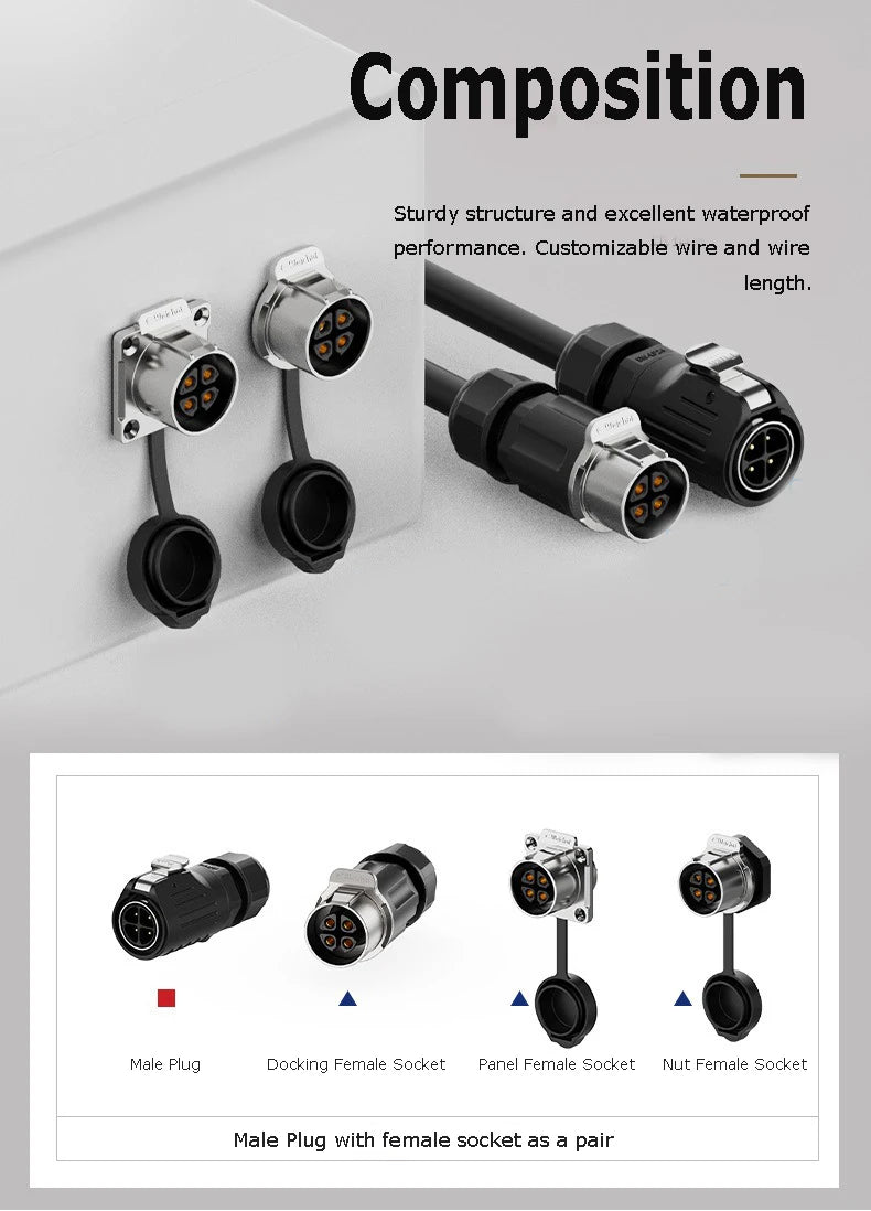 EW-LP24 Solderless Power Aviation Connector Waterproof Adapter Screw Lock Charger M24 2 3 4 5 Pin Male Plug Female Socket IP68