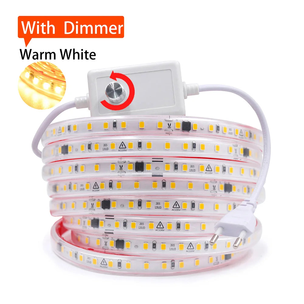 AC 220V 2835 LED Strip Light Waterproof IP67 120 LEDs Flexible Tape Lamp with IC Home Lighting White 0.5m 1m 2m 5m 10m 20m 50m