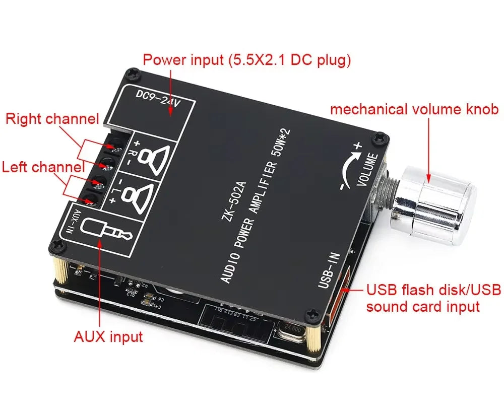 ZK-502A Bluetooth Audio Digital Power Amplifier Board Module 2.0 Stereo Dual Channel 50W + 50W