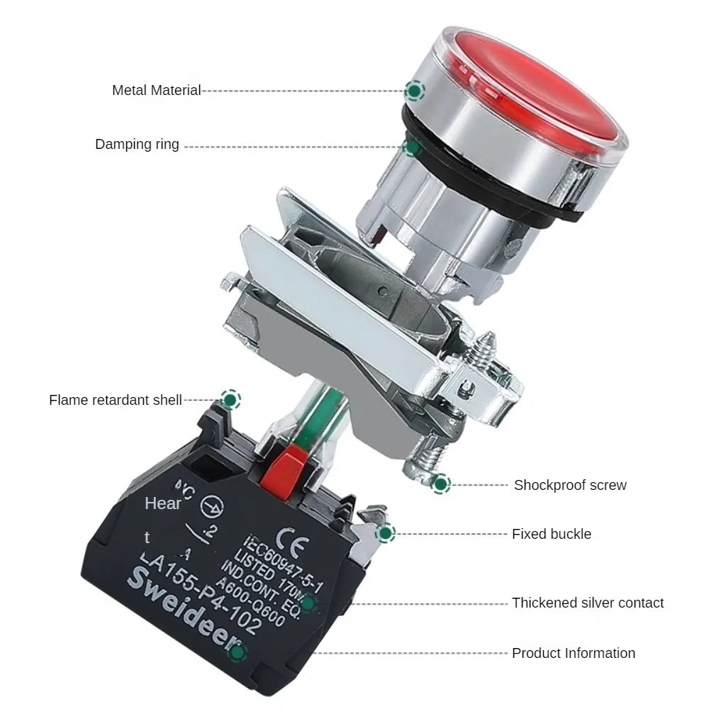 XB4 Button Switch Momentary Self Reset Flat High Head 22mm Power Push Button Switch with Light XB4-BA42 BA31 BA51 10A NC/NO Red