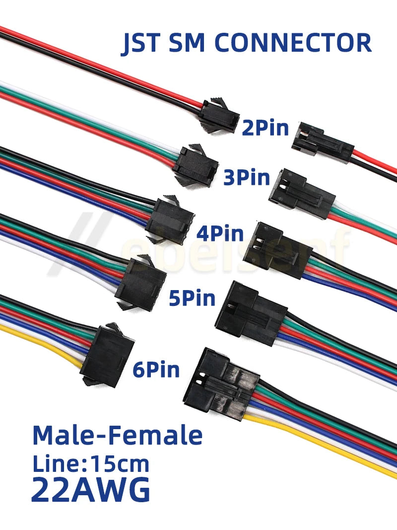 2 3 4 5 6 Pin LED Strip JST SM Connector Male or Female Adapter Plug JST Connector Terminal with 15CM 22AWG Wire for Light Strip