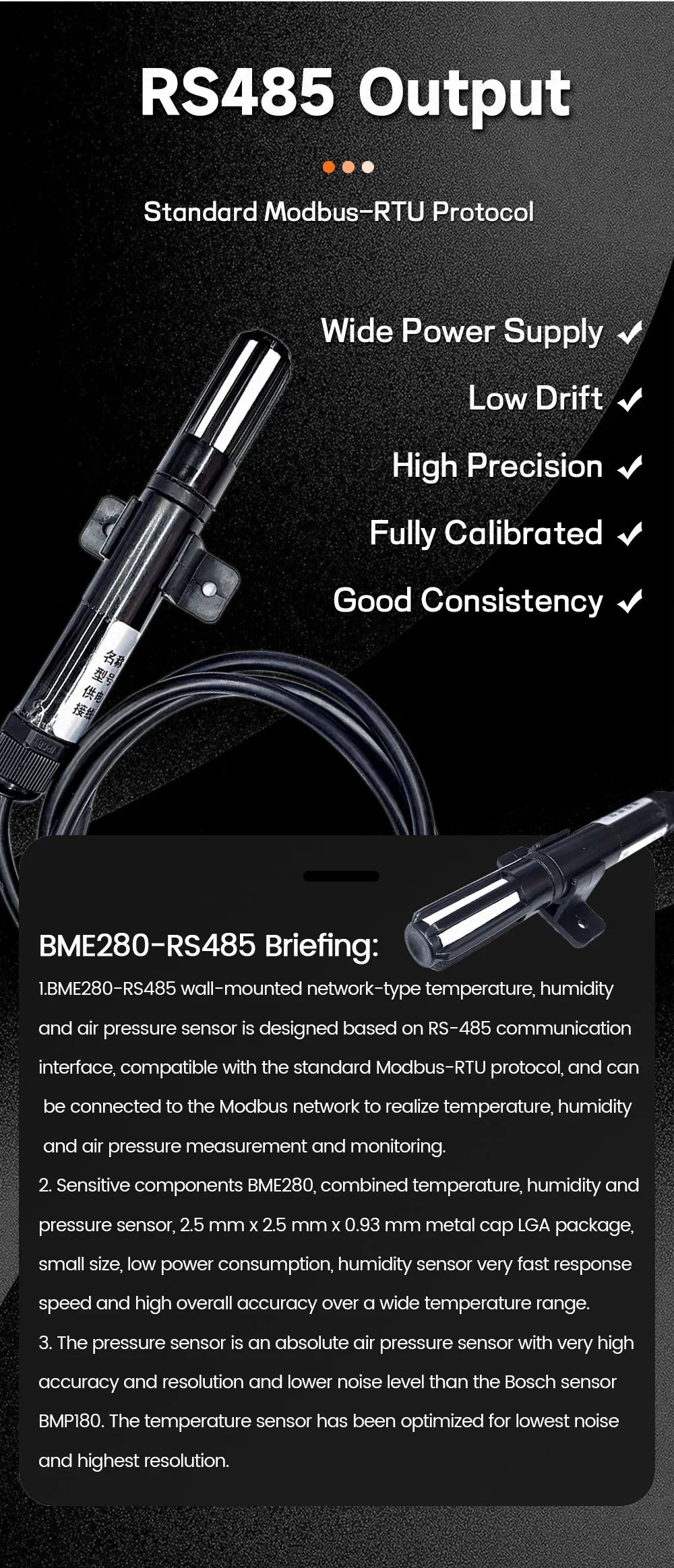 BME280 High Precision Temperature and Humidity Sensor Probe Cable 1M 2M 3M 5M Digital Sensor I2C or RS485 Waterproof Shield