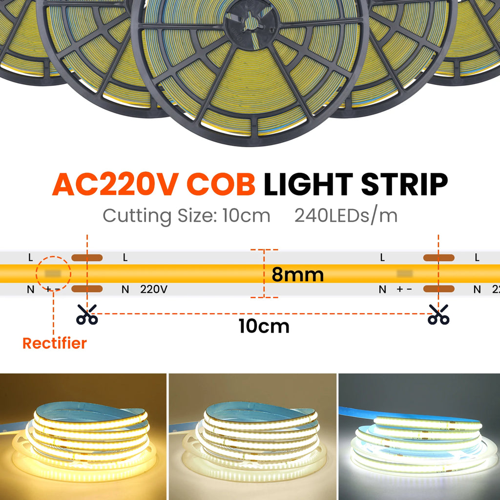 5M 10M 20M 50M/Roll COB Strip AC 220V 240Leds/M IP20 3000K 4000K 6000K Driver Build In Home Decor Flexible Ribbon Rope LED Light