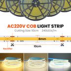 5M 10M 20M 50M/Roll COB Strip AC 220V 240Leds/M IP20 3000K 4000K 6000K Driver Build In Home Decor Flexible Ribbon Rope LED Light