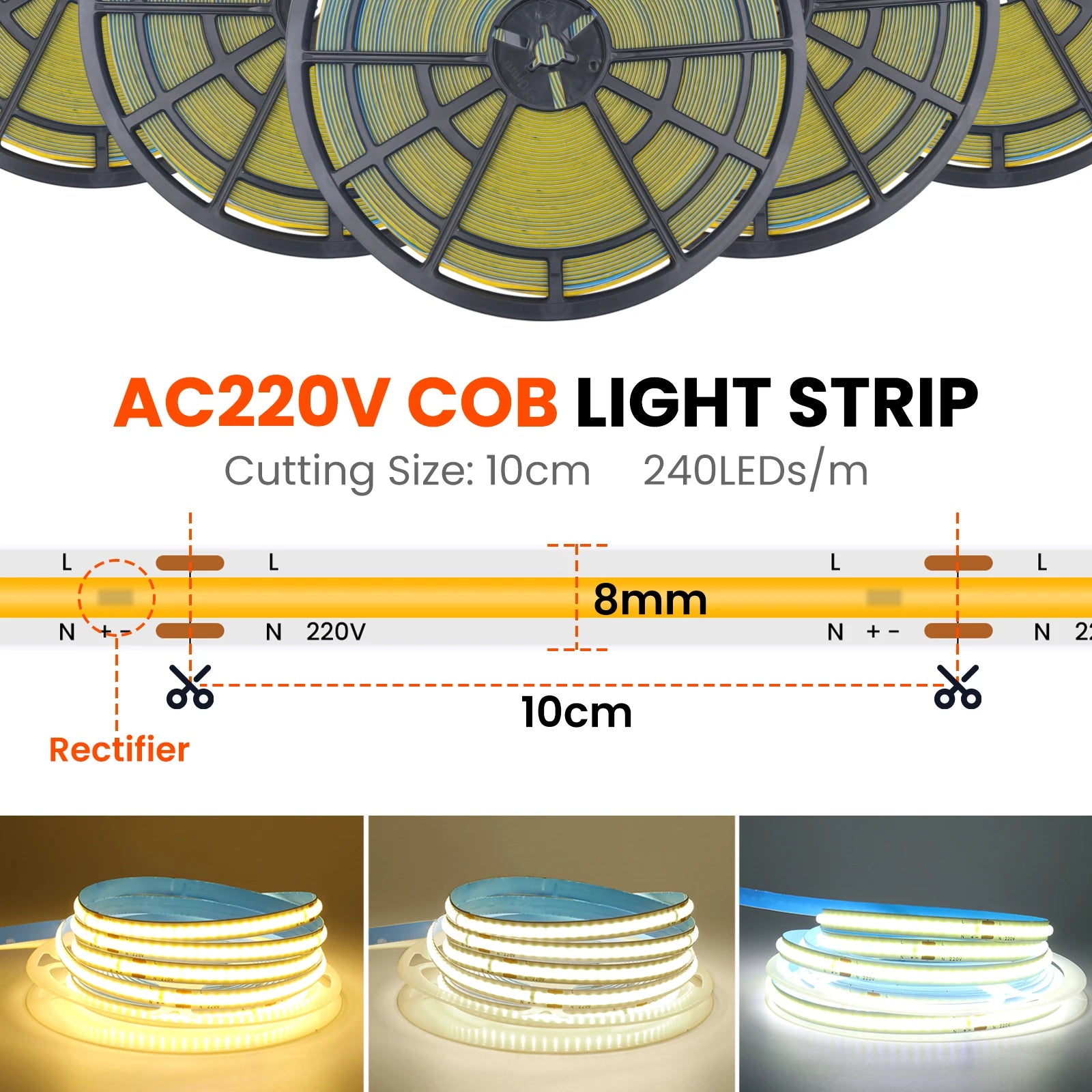 5M 10M 20M 50M/Roll COB Strip AC 220V 240Leds/M IP20 3000K 4000K 6000K Driver Build In Home Decor Flexible Ribbon Rope LED Light