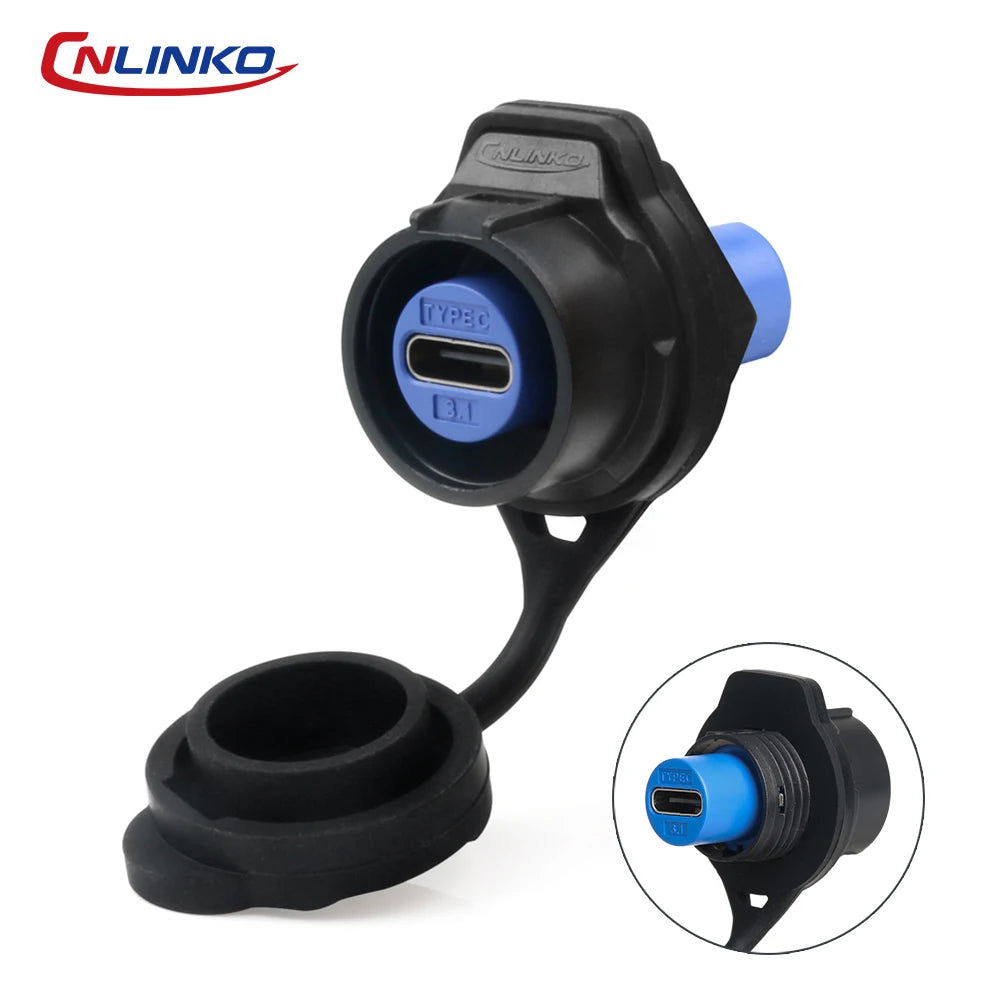 CNLINKO LP16 Waterproof Type-C Connector 5A Female Socket Jacks 10 Gbps Panel Mount Receptacles for Fast Charging Data Transfer