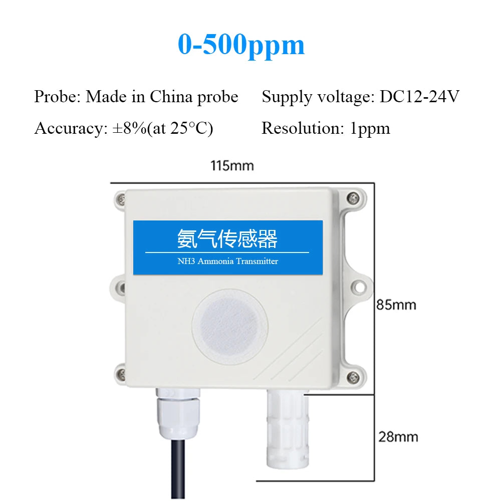 Ammonia Gas Sensor NH3 Concentration Detection High Precision Detector 20ppm 100ppm 500ppm Output RS485 4-20mA 0-5V 0-10V