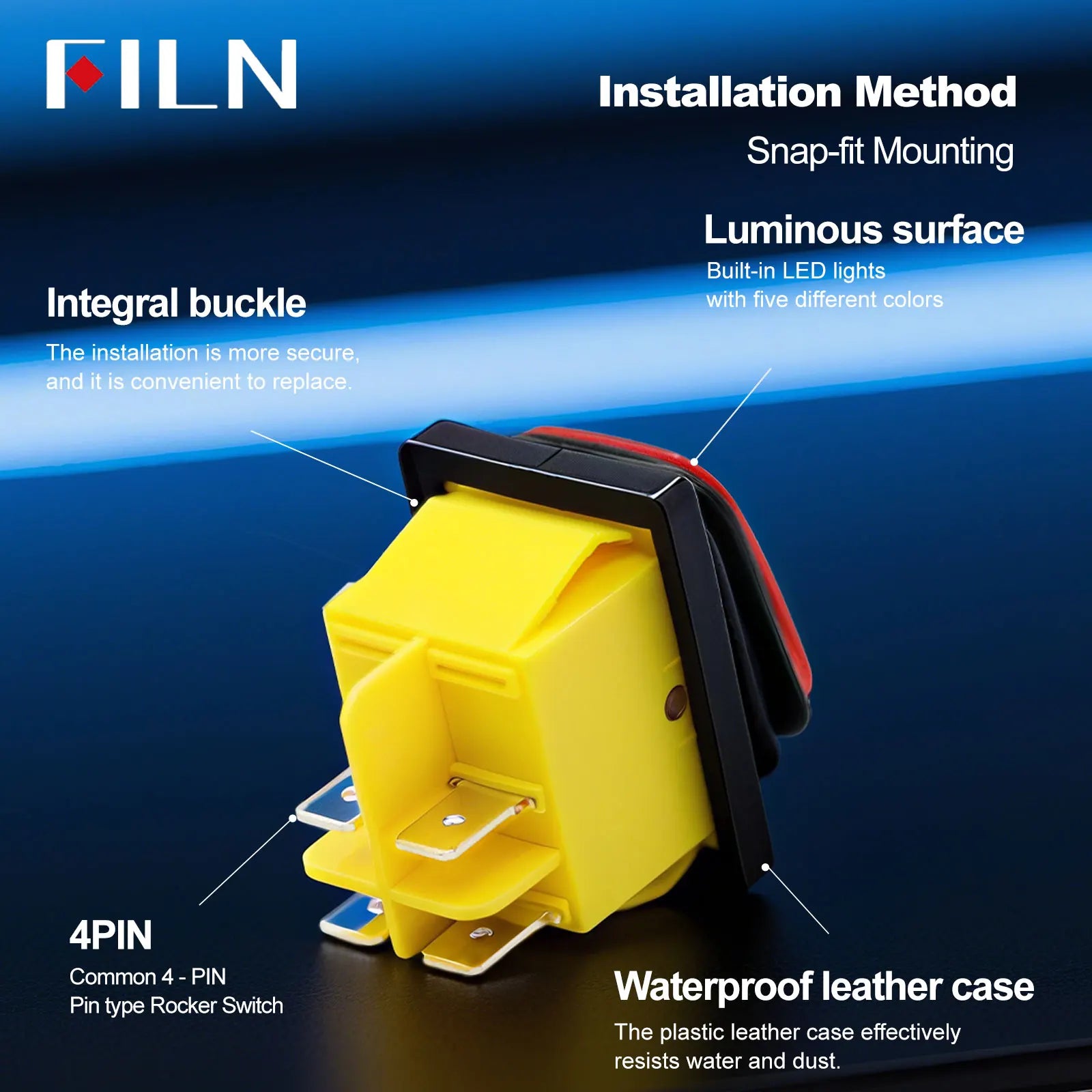 FILN Heavy Duty IP68 Waterproof LED Toggle Rocker Switch T8530A12V/220VRed/Blue/Green ON/OFF Ideal for Car & Marine Use