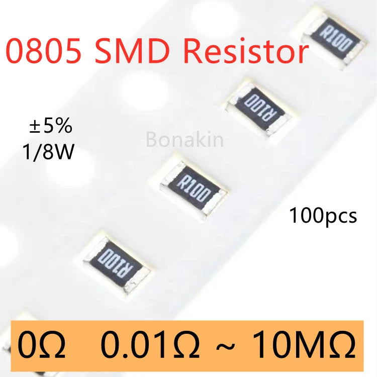 100pcs 0805 5% SMD Resistor 0R 4.7Ω 10 ohm 22R 100R 120R 200R 220R 300R 330R 470R 510R 1K 1.5K 2K 4.7K 5.1K 10K 20K 47K 100K 1M